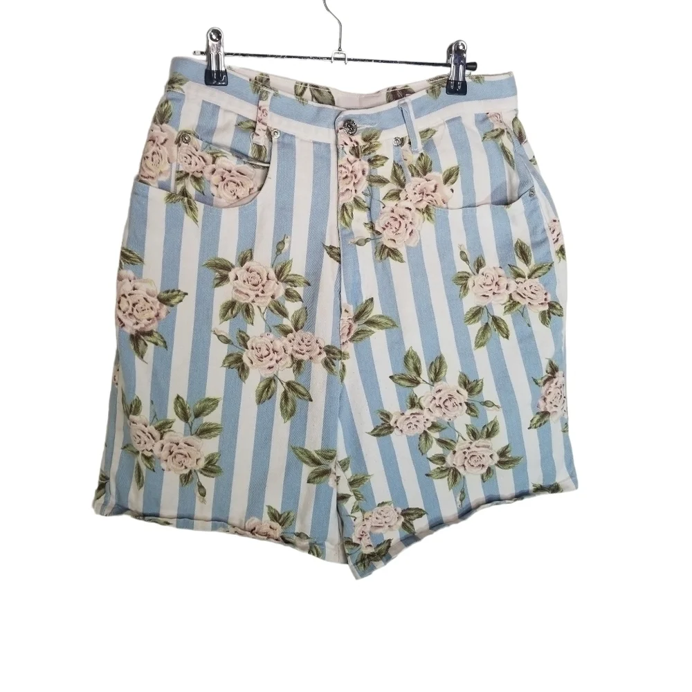 Vtg 80s 90s striped rose print bermuda long denim shorts Cottagecore